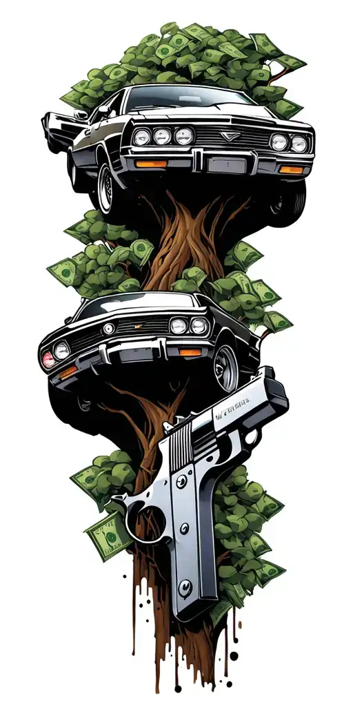 cars guns money trees tattoo design idea