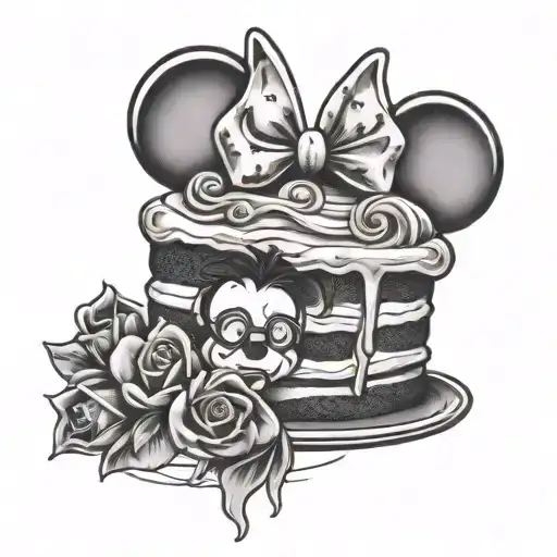 slice of cake with minnie mouse ears and harry potter design tattoo design idea