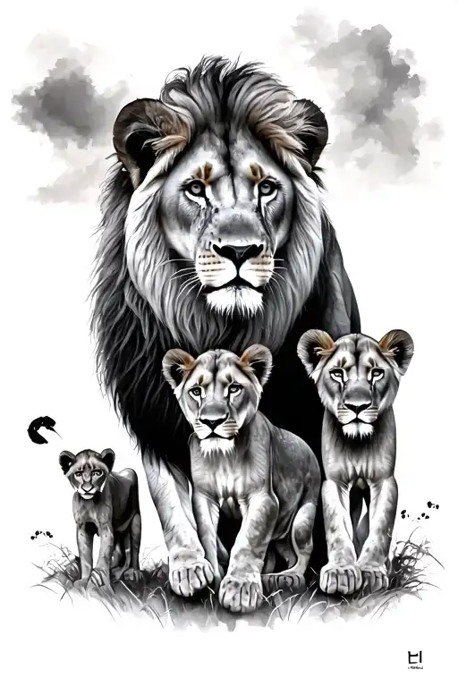 1 lion, 1 lioness and 3 cubs tattoo design idea