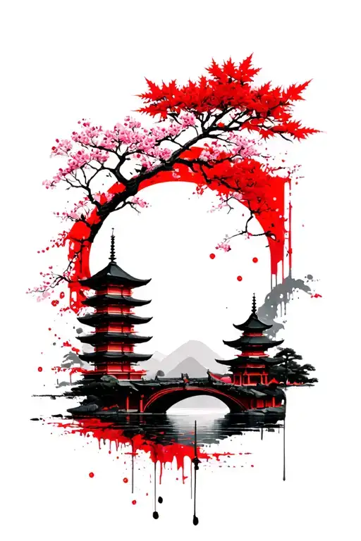 Japanese pagoda with cherry blossoms and Japanese maple trees and river tattoo design idea