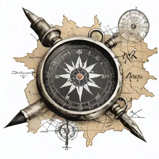Compass on the world map and Arya writing around them tattoo design idea