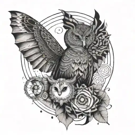A geometric design featuring the sun and moon alongside a butterfly and owl, with a mix of blackwork and dotwork techniques for a visually striking tattoo tattoo design idea