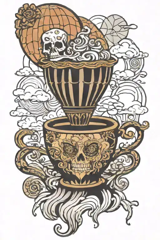 A coffee cup morphing into a hot air balloon, flying over a quilted landscape with sugar skull accents tattoo design idea