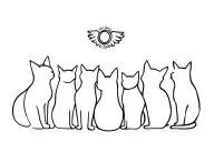 Silhouette of 6 cats from behind and one of them with an angel halo on its head tattoo design idea