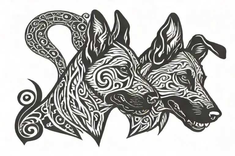 two Belgian malinois, with heads looking towards each other, in viking art style tattoo design idea