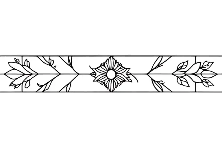 “Black-ink only line-art arm band ,modern folk, Penn Dutch florals and hex geometry. No shading. tattoo design idea