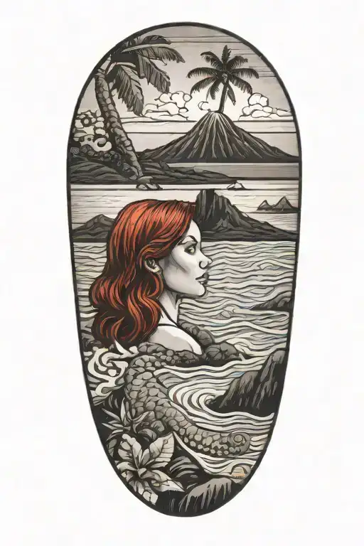 female, red hair, hawaii, volcano, sea turles tattoo design idea