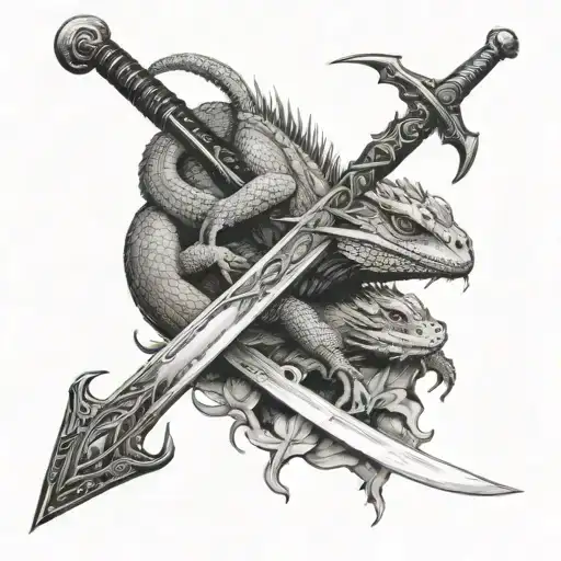 eerie dark gothic black realistic sword stuck in the ground with bearded dragon on it tattoo design idea