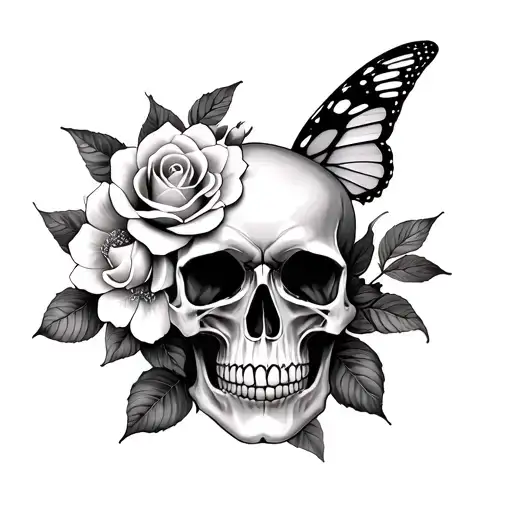 skull rose butterfly cherry blossom gothic fullback style tattoo design idea