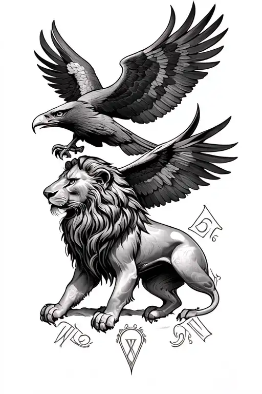 lion with eagle with Roman numerals intertwined tattoo design idea