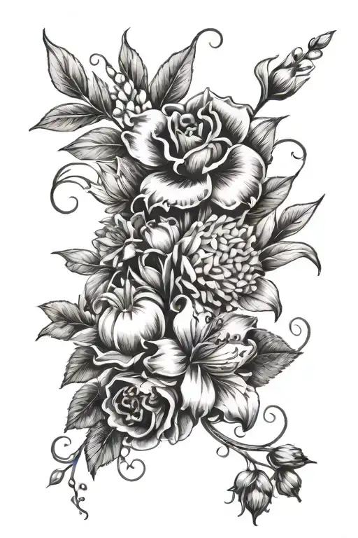 a carination,a sweet pea,a lily of valley,a hawthorn,a larkspur,and a chrysanthemum. leading up from the arm to shoulder tattoo design idea