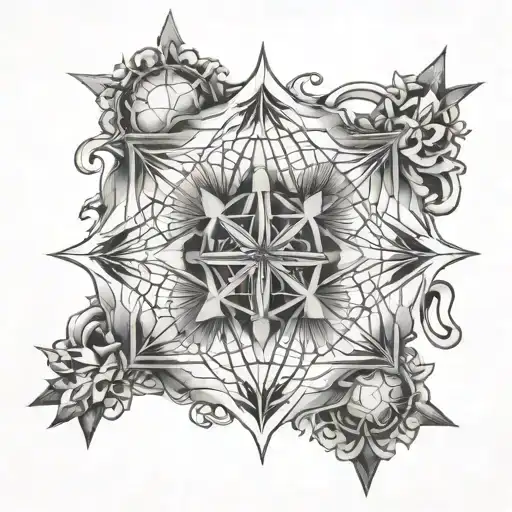 metatron's cube with small compass rose at the center & fine line work  tattoo design idea