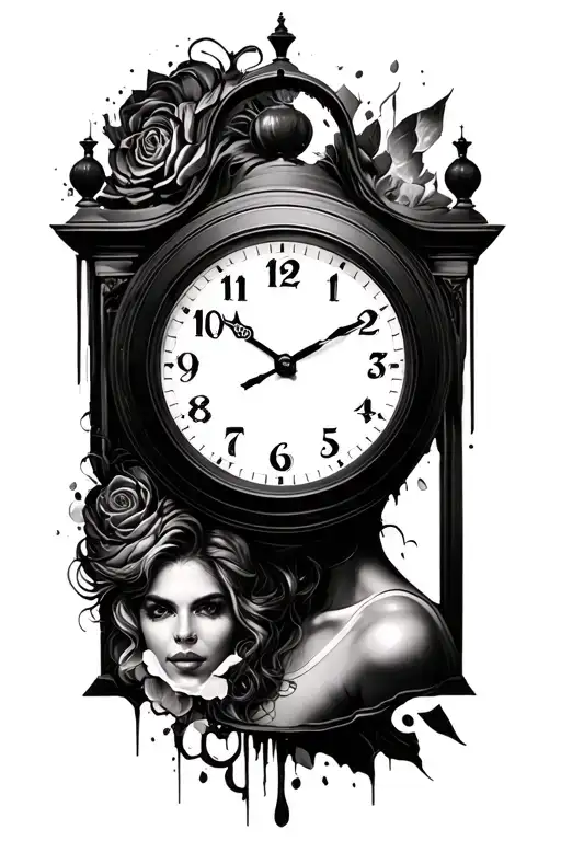 blend ripped clock and woman portrait to fill the gap tattoo design idea