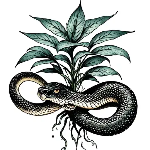 a plant that walks up along the arm with a snake winding around the plant tattoo design idea