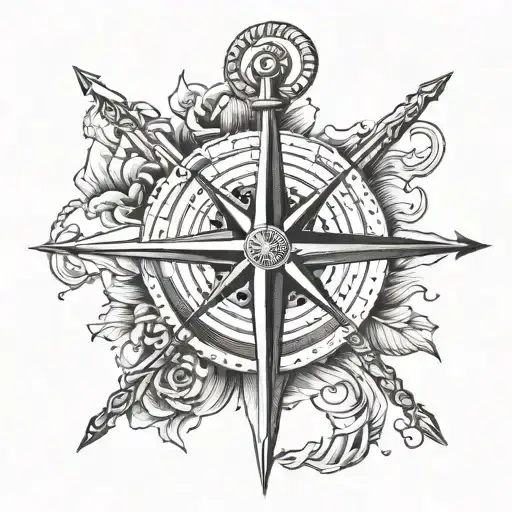 Incorporate a detailed anchor design with a nautical compass rose intertwined, symbolizing navigation and direction on the high seas tattoo design idea