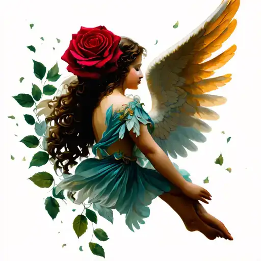 roseary with colored wings and leaves falling angel tattoo design idea