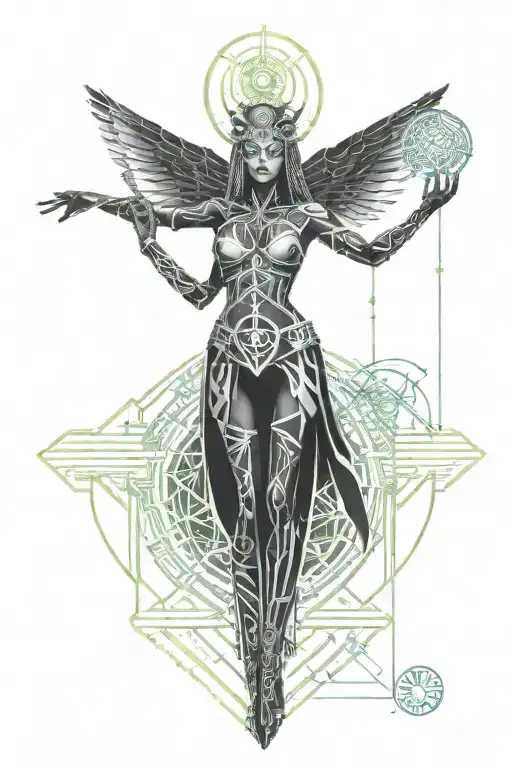 female god full body symbolizing wisdom and death tattoo design idea