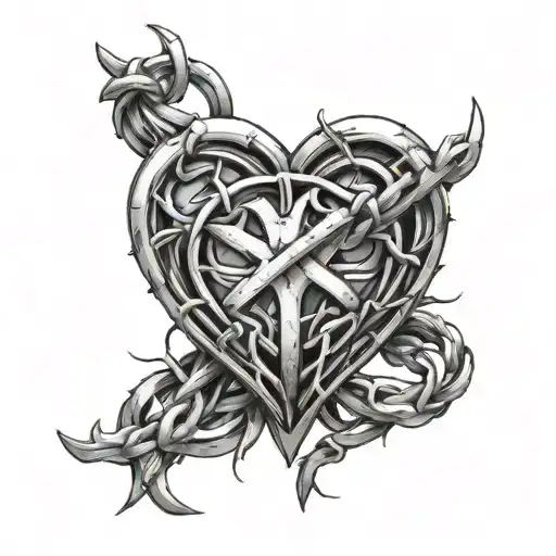 chrome heart shape wrapped in barbed wire tattoo design idea