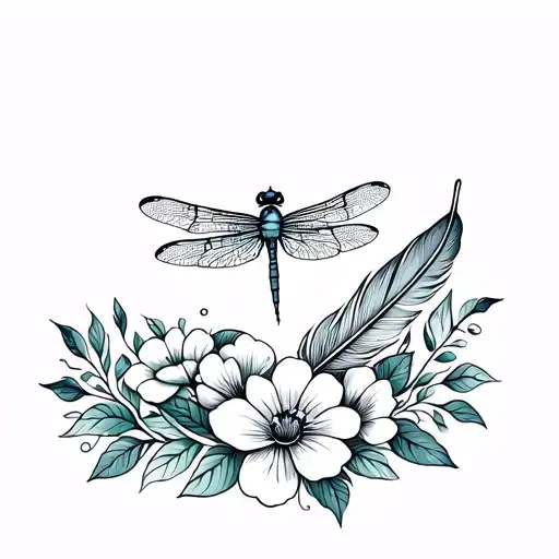 Dragonfly resting on flowers and leaves with feather tattoo design idea