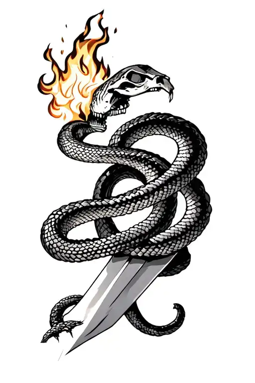snake skeleton wrapped around burning sword tattoo design idea