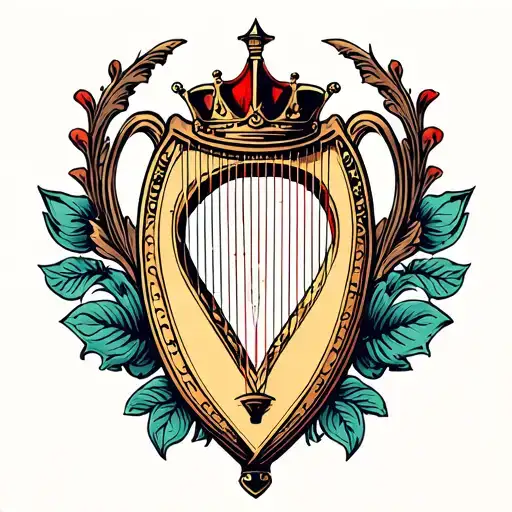 harp with crown hanging tattoo design idea