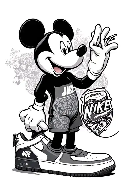 Black and white and I want to have Mickey Mouse there who has Nike Air Force 1 on his feet and in his hand he has car ke tattoo design idea