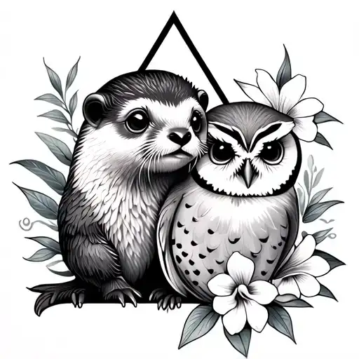 Female tattoo with triangle bunk down, a cute otter and a cute owl and Fleur Freesia tattoo design idea