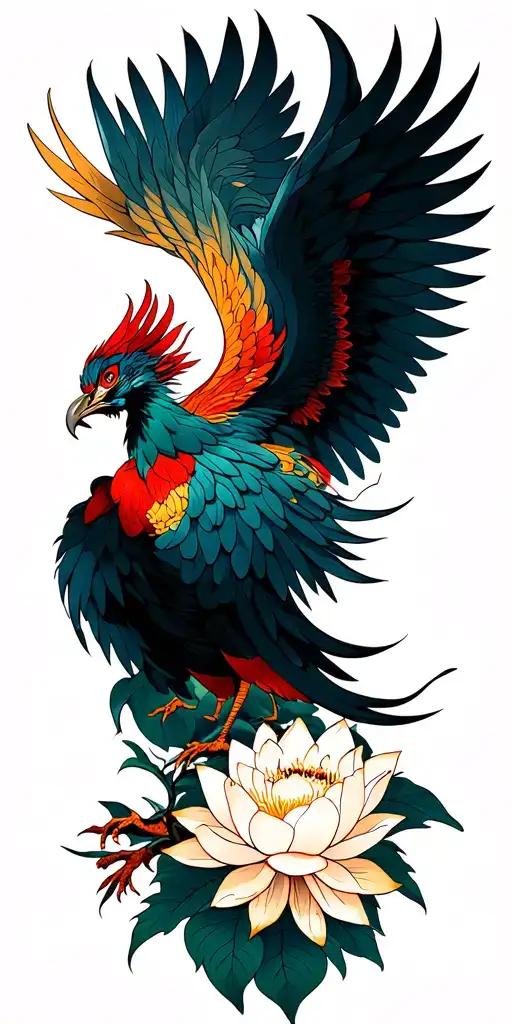 Japanese phoenix with wings in the upper area, lowering smaller naturist elements such as lotus flowers, Rana Samuri tattoo design idea
