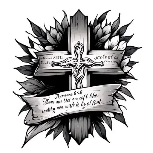 cross tattoo featuring bible verse romans 8:18 " with feel tattoo design idea