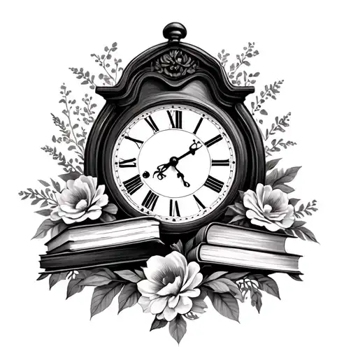 grandfather clock with library books surrounded by florals tattoo design idea