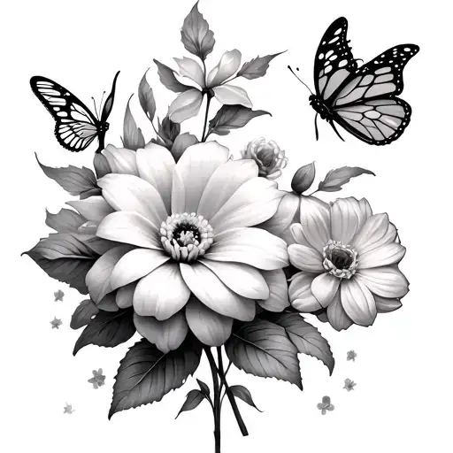 1 fairy, butterflies, 2 moonflowers, 1 buttercup,chrysanthemum and 1 Dahlia tattoo design idea