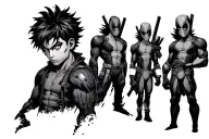 three characters in a row: tanjiro, Deadpool, and deku tattoo design idea