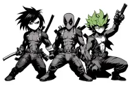 three characters in a row: tanjiro, Deadpool, and deku tattoo design idea
