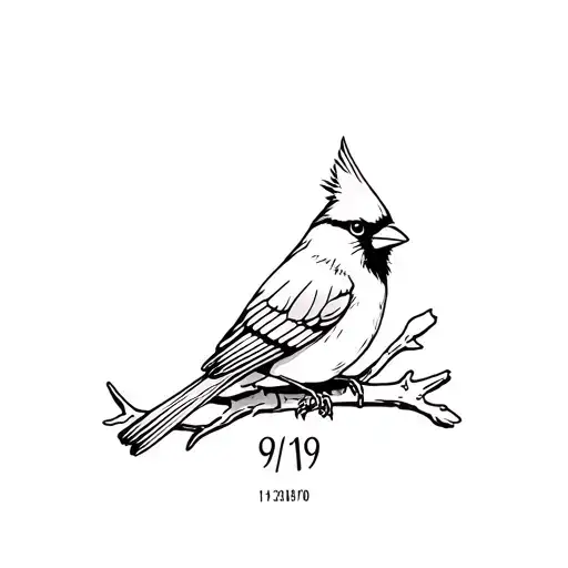 outlined cardinal sitting on a branch with the date 9/1/19 under it tattoo design idea