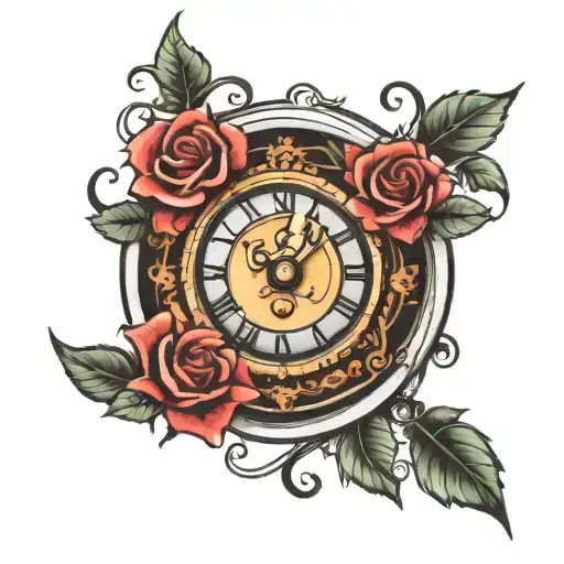 clock pointing to 4 with roses surrounding tattoo design idea