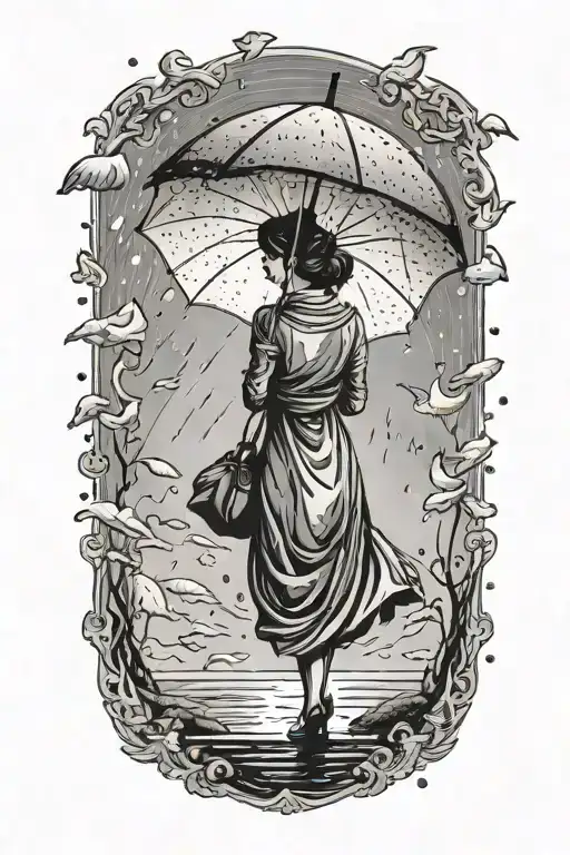 woman silhouette with an umbrella getting rained tattoo design idea