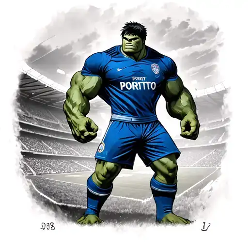 The Hulk dc character with fc Porto football kit with stadium as background  tattoo design idea