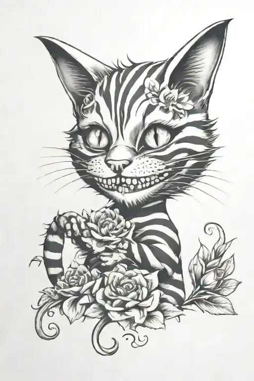chat cheshire cat with Flowers and drugs tattoo design idea