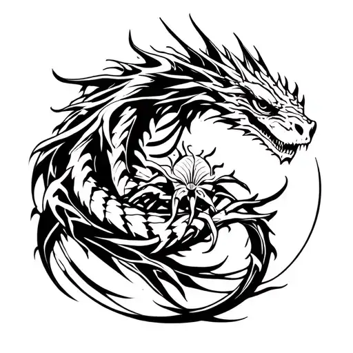 Skeletal Dragon with spider lilly wrapped round tattoo design idea
