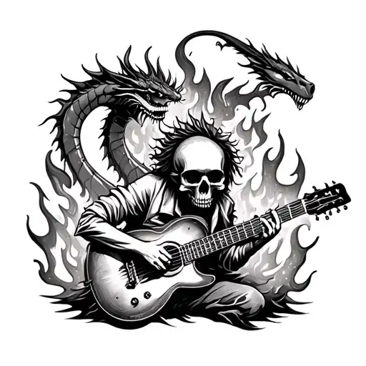 A sinister music-themed tattoo with a skull playing a guitar surrounded by flames and a dragon in the background tattoo design idea