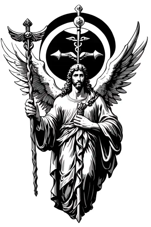 st Raphael holding a caduceus staff symbol incorporating elements tattoo design idea