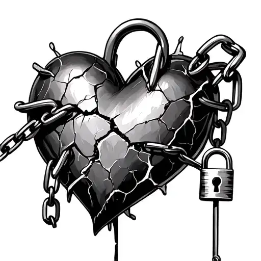 cracked heart with chain and lock tattoo design idea