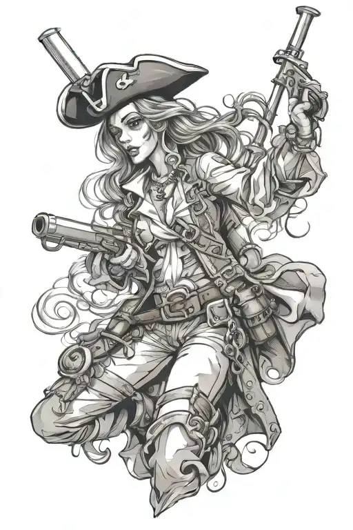 pirate girl with muskets being fired tattoo design idea