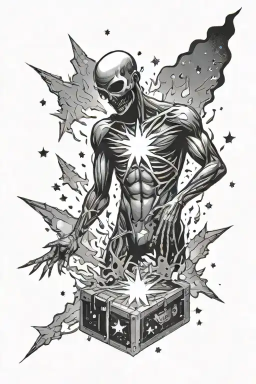 shadow man standing with chest exploding stars tattoo design idea