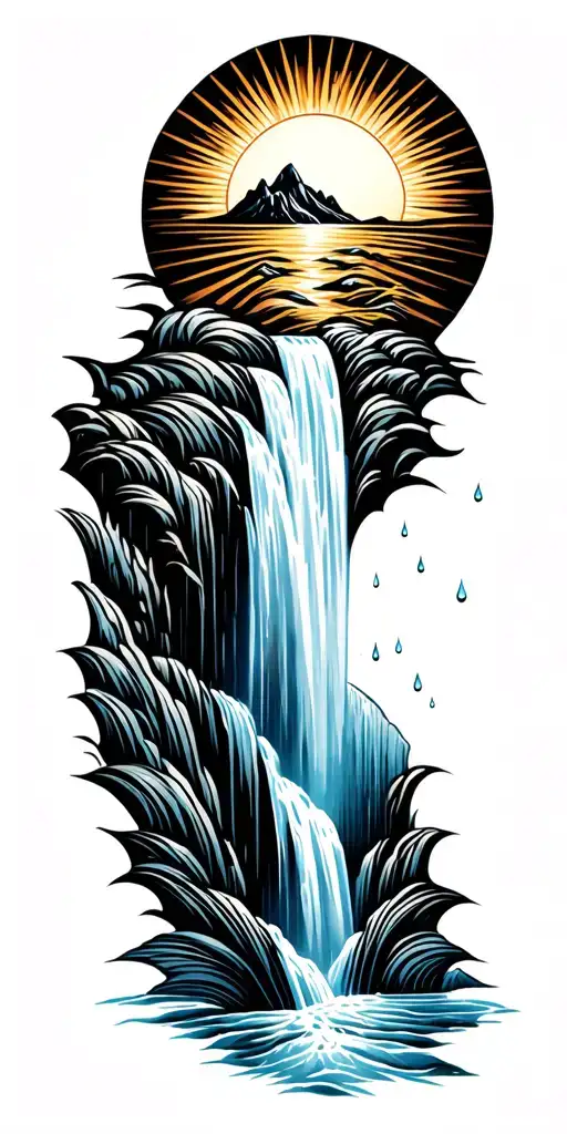 a sun flowing into a river that turns into a waterfall with small rain drops at the end of the waterfall tattoo design idea
