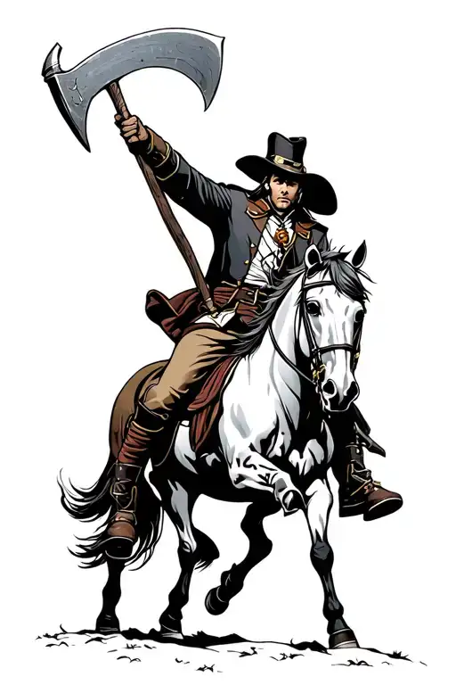 headless horseman colonial uniform pointing ax from horseback tattoo design idea