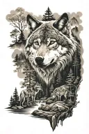 wolf, forest, stream, mountain tattoo design idea