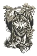 wolf, forest, stream, mountain tattoo design idea
