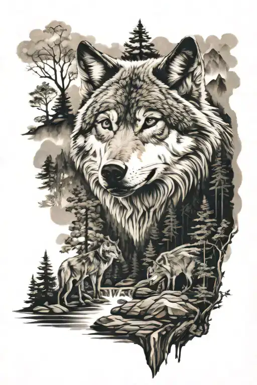 wolf, forest, stream, mountain tattoo design idea