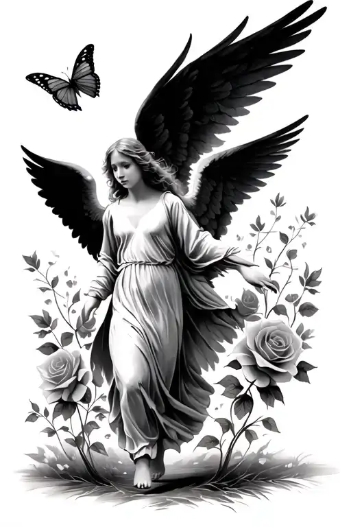 An angel walking with large wings as the centre robin in flight, butterfly with fingerprints roses poem tattoo design idea